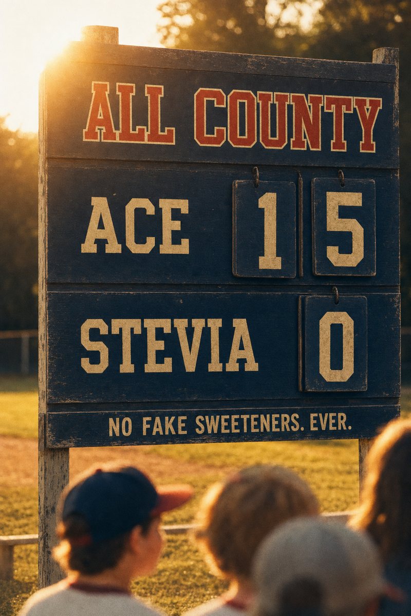 Ball field scoreboard reading ACE 15, Stevia 0